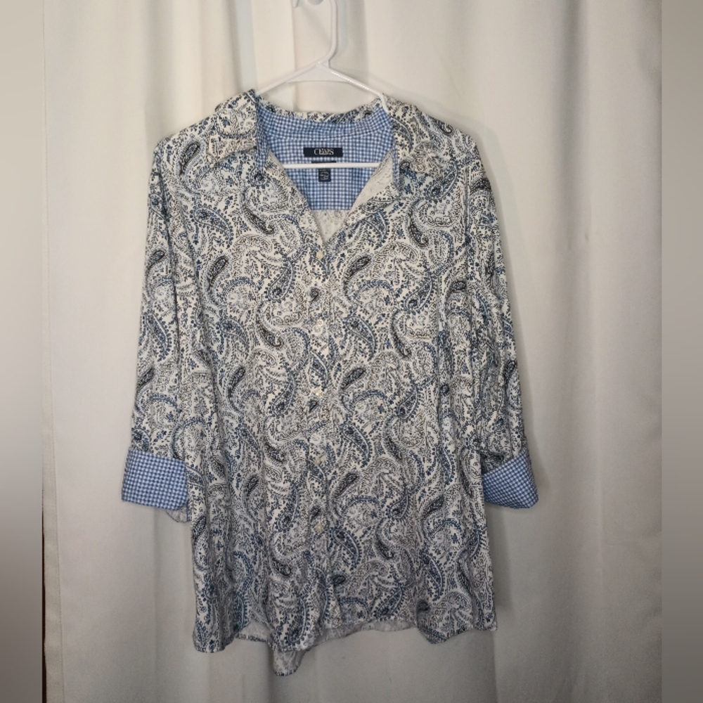 Chaps Women's No Iron Button Up Top 2X Blue Paisley Gingham Flip Cuff Preppy